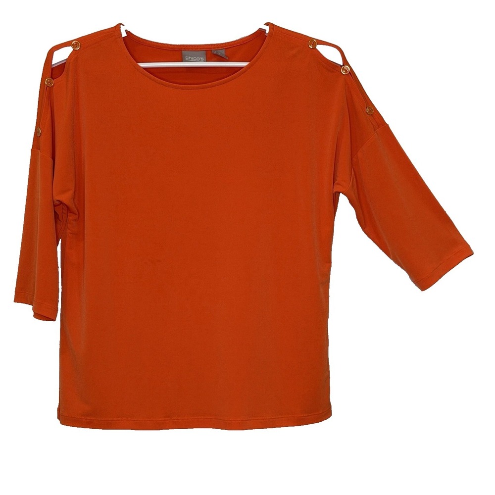 Chico's Pullover Top Womens Sz‎ 0 US Small Orange 3/4 Sleeve Round Neck Stretch